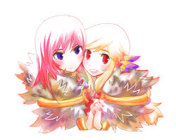 2girls blonde_hair blush closed_mouth commentary_request fur_collar head_wings holding_hands interlocked_fingers lautrec_v long_hair looking_at_viewer multiple_girls open_mouth orange_wings pink_hair purple_eyes purple_wings ragnarok_online red_eyes simple_background smile sorcerer_(ragnarok_online) two-tone_wings upper_body white_background wings
