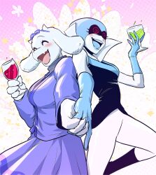 2girls @_@ ^_^ absurdres animal_ears blue_skin blush closed_eyes colored_skin cowboy_shot croquis2025 cup deltarune drink drinking_glass eyewear_on_head fangs furry furry_female goat_ears goat_girl highres holding holding_cup holding_hands jacket multiple_girls open_mouth pink_background purple_jacket purple_skirt queen_(deltarune) skirt toriel