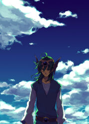 1boy blue_sky closed_mouth cloud collarbone dragon_quest dragon_quest_iv ebira green_hair green_tunic hero_(dq4) looking_at_viewer male_focus outdoors shirt short_hair sky solo tunic upper_body white_shirt
