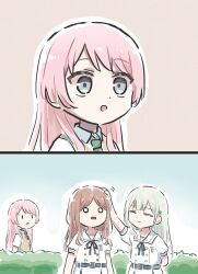 3girls ^_^ bang_dream! bang_dream!_it&#039;s_mygo!!!!! belt blue_belt blue_ribbon brown_hair brown_sweater_vest chihaya_anon closed_eyes commentary_request diagonal-striped_clothes diagonal-striped_necktie dress green_hair green_necktie grey_eyes hair_ornament hairclip haneoka_school_uniform highres long_hair lyy mortis_(bang_dream!) mortis_(persona)_(bang_dream!) multiple_girls nagasaki_soyo neck_ribbon necktie open_mouth pink_hair puffy_short_sleeves puffy_sleeves ribbon school_uniform short_sleeves sidelocks striped_clothes sweater_vest tsukinomori_school_uniform wakaba_mutsumi white_dress