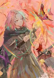 1girl absurdres bug butterfly chibi cloak dagger elden_ring fire highres hood hooded_cloak insect knife mao_wu_fan melina_(elden_ring) pink_hair shield sword weapon yellow_eyes