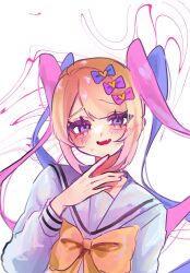 1girl blonde_hair blue_eyes blue_hair blue_serafuku blunt_bangs bow chest_bow chouzetsusaikawa_tenshi-chan colored_tips fang hair_bow hand_on_own_chin hand_up highres looking_at_viewer multicolored_hair multiple_hair_bows needy_girl_overdose osakana_tarou_(sakana0_03) pink_hair quad_tails school_uniform serafuku skin_fang solo sweatdrop upper_body