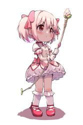 1girl asukaru_(magika_ru) blush bow bow_choker bubble_skirt choker closed_mouth collarbone commentary_request dated dress frilled_skirt frilled_socks frills full_body hair_bow highres holding holding_staff kaname_madoka kaname_madoka_(magical_girl) kneehighs magical_girl mahou_shoujo_madoka_magica mahou_shoujo_madoka_magica_(anime) pink_bow pink_dress pink_eyes pink_hair red_choker red_shoes shoes short_dress short_hair short_sleeves signature simple_background skirt socks solo staff standing twintails white_background white_skirt white_socks