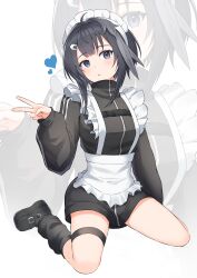 Rule 34 | 1girl, absurdres, ahoge, apron, arknights, black hair, black jacket, black leg warmers, black shoes, blush, commentary, frilled apron, frills, full body, hair intakes, hair ornament, hairclip, heart, highres, jacket, jersey maid, k@bu, la pluma (arknights), leg warmers, maid, maid apron, maid headdress, oversized clothes, parted lips, purple eyes, shoes, short hair, sitting, sleeves past wrists, solo, thigh strap, turtleneck, turtleneck jacket, unconventional maid, v, wariza, white apron, white background, zipper pull tab, zoom layer