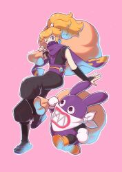 1girl 1other alternate_color bandana bandana_over_mouth black_bridal_gauntlets black_pants black_shirt black_socks blonde_hair blue_eyes blue_nails boots bridal_gauntlets brown_footwear earrings gloves high_ponytail highres holding holding_sack jewelry long_hair looking_at_another mario_(series) mask motoyui mouth_mask nabbit new_super_mario_bros._u ninja ninja_peach nintendo official_alternate_costume official_alternate_hairstyle one_eye_closed pants pink_background ponytail princess_peach princess_peach:_showtime! puffy_pants purple_footwear purple_mask purple_scarf sack saiwo_(saiwoproject) sandals scarf shirt short_sleeves simple_background socks sphere_earrings white_bandana white_gloves zouri