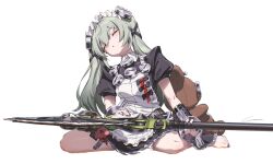 1girl apron barefoot black_dress black_nails charm_(object) cleaning cleaning_weapon closed_eyes corin_wickes dress frills green_hair hair_ribbon highres holding holding_weapon long_hair maid maid_headdress nail_polish parted_lips puffy_short_sleeves puffy_sleeves ribbon screw_hair_ornament short_sleeves simple_background sitting sleeping sleeping_upright solo stuffed_animal stuffed_toy teddy_bear toenail_polish toenails twintails weapon white_apron white_background yo_na zenless_zone_zero