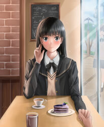 1other 2girls absurdres amagami ayatsuji_tsukasa black_eyes black_hair black_jacket black_ribbon black_sailor_collar blazer cafe cake cake_slice closed_mouth collared_shirt cup disposable_cup fie_nanoo food hand_up highres holding_hands jacket kibito_high_school_uniform long_hair long_sleeves looking_at_viewer menu_board multiple_girls neck_ribbon pov pov_hands ribbon sailor_collar school_uniform shirt solo_focus straight_hair sweater_vest table teacup white_shirt window yellow_sweater_vest