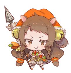 Rule 34 | 1girl, amana (pocketkey), animal ears, bell, blush, brown eyes, brown hair, chibi, collared shirt, crop top, detached sleeves, female focus, full body, grey shorts, grin, hair bell, hair ornament, holding, holding polearm, holding spear, holding weapon, jingle bell, kneehighs, long hair, looking at viewer, low-tied long hair, midriff, orange shirt, polearm, princess connect!, puffy short sleeves, puffy shorts, puffy sleeves, rin (princess connect!), shirt, short sleeves, shorts, simple background, sleeveless, sleeveless shirt, smile, socks, solo, spear, squirrel ears, squirrel girl, squirrel tail, standing, tail, v-shaped eyebrows, very long hair, weapon, white background, white sleeves, white socks