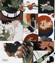 Rule 34 | 2boys, 5girls, apple, apple slice, barefoot, black dress, black hair, black pants, black shirt, closed eyes, collage, collared shirt, cookie cutter, dress, flower, food, fruit, highres, ka (996beshi), knife, long hair, long sleeves, looking up, lying, mini person, minigirl, multiple boys, multiple girls, on side, original, pants, plant, red flower, shirt, short dress, short hair, signature, sitting, sleeveless, sleeveless dress, spaghetti strap, upper body, white flower, white shirt