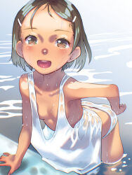 1girl arm_support bent_over breasts brown_eyes brown_hair collarbone cowboy_shot female_focus hair_ornament hairclip highres leaning_forward loli looking_at_viewer no_bra no_pants open_mouth original oversized_clothes paid_reward_available panties shirt short_hair sleeveless sleeveless_shirt small_breasts smile solo soon_(c-u-soon) tank_top thighs underwear wading water wet white_panties white_shirt