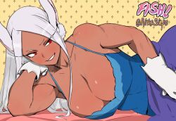 Rule 34 | 1girl, animal ears, artist collaboration, bare shoulders, blanket, blue nightgown, boku no hero academia, breasts, cleavage, collarbone, colorized, commentary, dark-skinned female, dark skin, elbow rest, english commentary, gloves, head rest, highres, large breasts, long eyelashes, long hair, looking at viewer, lying, mirko, mirkosimps, nightgown, on side, parallaxfused, parted bangs, parted lips, print background, rabbit ears, rabbit girl, red eyes, smile, toned, toned female, under covers, very long hair, white gloves, white hair, yellow background