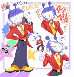 1boy ant_tenna belt black_belt character_name crt deltarune gloves grey_pants hand_on_own_hip hands_on_own_face highres holding holding_microphone male_focus microphone minteutokki1 multiple_views necktie object_head pants pointy_nose shoes smile spoken_flower star_(symbol) tailcoat white_gloves yellow_necktie yellow_shoes
