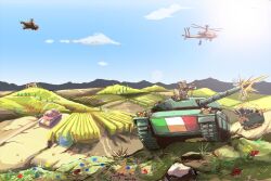 Rule 34 | aircraft, beanie, blue flower, bob semple tank, brown hair, clio aite, cloud, firing, flower, grass, gun, hat, helicopter, highres, italian flag, kkzullu, komachi panko, military vehicle, motor vehicle, mountainous horizon, phase connect, red flower, red hat, red panda, red panda ears, red panda girl, sky, tank, vehicle request, weapon