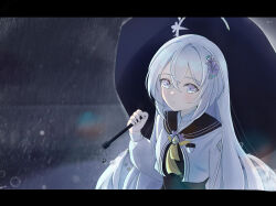 Rule 34 | 1girl, absurdres, angel wings, arm at side, azusa (blue archive), backlighting, black umbrella, blue archive, blue sailor collar, blush, chinese commentary, closed mouth, commentary, crescent halo, crossed bangs, double-parted bangs, expressionless, flower, frilled sailor collar, frills, gloves, hair between eyes, hair flower, hair ornament, halo, hand up, highres, holding, holding umbrella, long hair, long sleeves, looking at viewer, low wings, neckerchief, outdoors, puffy long sleeves, puffy sleeves, purple eyes, purple gloves, rain, sailor collar, school uniform, serafuku, shirt, solo, straight hair, umbrella, under umbrella, upper body, user rhtn5345, very long hair, white hair, white halo, white shirt, white wings, wings, yellow neckerchief