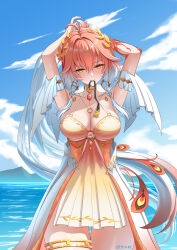 1girl absurdres arms_up black_ribbon blue_sky blush body_markings braid breasts changli_(laurel_nymph)_(wuthering_waves) changli_(wuthering_waves) cleavage closed_mouth collarbone colored_extremities commentary_request cowboy_shot day dress feather_hair gradient_clothes gradient_dress hair_between_eyes hair_extensions head_wreath highres large_breasts looking_at_viewer mdzzrbq233 mouth_hold multicolored_hair official_alternate_costume orange_dress orange_hair outdoors partial_commentary red_hands ribbon ring_hair_extensions sky smile solo tacet_mark_(wuthering_waves) thighs twin_braids two-tone_hair tying_hair white_dress white_hair wuthering_waves yellow_eyes