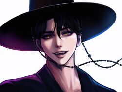 1boy black_hair black_hanbok bright_pupils fangs gat_(hat) gatkkeun hanbok hat highres jeongjyoni jinu_(kpop_demon_hunters) korean_clothes korean_traditional_hat kpop_demon_hunters lips looking_at_viewer male_focus nose open_mouth parted_bangs portrait short_hair simple_background slit_pupils solo teeth upper_teeth_only white_background white_pupils yellow_eyes
