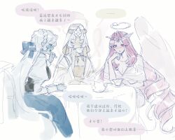 3girls blue_skin colored_skin cookie_run dress eternal_sugar_cookie highres long_hair looking_at_another moomsaw multiple_girls mystic_flour_cookie pink_eyes pink_hair pink_skin shadow_milk_cookie shadow_milk_cookie_(female) sitting speech_bubble thought_bubble very_long_hair white_dress white_hair white_skin