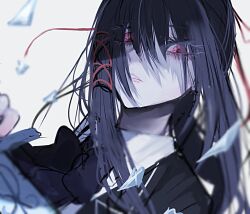 1girl akai_ringo_(eveyuno) black_hair black_shirt hair_ribbon high_ponytail looking_at_viewer original ponytail red_eyes ribbon school_uniform shirt white_background wide-eyed