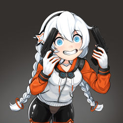 1girl ahoge armor batazungharn black_background blue_eyes bodysuit braid breasts cleavage_cutout clothing_cutout crazy_smile diamond-shaped_pupils diamond_(shape) dual_wielding energy_wings floating floating_object floating_weapon gradient_background grey_background gun guns_akimbo_(movie) hairband handgun hands_on_own_hips highres holding honkai_(series) honkai_impact_3rd kiana_kaslana kiana_kaslana_(white_comet) long_hair medium_breasts parody sidelocks silver_hair smile symbol-shaped_pupils twin_braids very_long_hair weapon