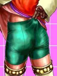 1girl ass bike_shorts bike_shorts_pull boots boro brown_gloves chat_(tales) clothes_lift dark_skin gloves grid_background lowres oekaki pink_background red_shirt shirt shirt_lift tales_of_(series) tales_of_eternia white_boots