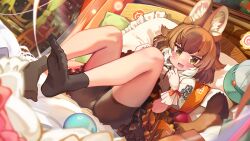 1girl :d absurdres animal_ear_fluff animal_ears bag bare_legs bike_shorts bike_shorts_under_skirt black_socks blush bow brown_hair brown_shirt brown_skirt collared_shirt commentary dhole_(kemono_friends) dog_ears dog_girl dog_tail frilled_gloves frilled_pillow frilled_skirt frills glove_bow gloves hair_between_eyes hair_flaps handbag hat helmet highres jacket kemono_friends kemono_friends_3 looking_at_viewer melaton multicolored_hair no_shoes official_alternate_costume on_bed open_mouth orange_bow pillow pith_helmet safari_jacket shirt short_hair short_sleeves sidelocks sitting skirt smile socks solo t-shirt tail two-tone_hair two-tone_shirt unworn_hat unworn_headwear white_gloves white_hair white_shirt yellow_eyes