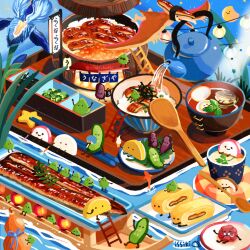 artist_name blue_flower bowl chopsticks cup egg_(food) fish fish_(food) flower food food_focus fruit issiki_toaki ladder lantern no_humans octopus omelet original plate rice shrimp sky soup spoon star_(symbol) steam tamagoyaki unadon_(food)