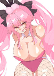 1girl animal_ears arms_behind_back bare_arms bare_shoulders black_bow blush bow breasts covered_navel fake_animal_ears fate/grand_order fate_(series) fishnet_pantyhose fishnets fox_ears fox_girl fox_tail glasses hair_between_eyes hair_bow highres koyanskaya_(assassin)_(first_ascension)_(fate) koyanskaya_(fate) large_breasts leotard long_hair looking_at_viewer open_mouth pantyhose pink_hair playboy_bunny rabbit_ears semi-rimless_eyewear simple_background solo strapless strapless_leotard tail tamamo_(fate) twintails user_dzev5458 white_background wrist_cuffs yellow_eyes