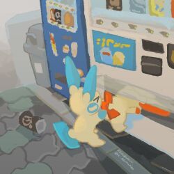 animal_focus can drink_can gen_3_pokemon highres kusuburu11 minun nintendo no_humans outdoors plusle pokemon pokemon_(creature) pokemon_focus pulling soda_can stuck vending_machine
