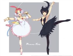 2girls :d ahiru_(princess_tutu) ahoge arm_up ballet ballet_slippers bare_shoulders bead_bracelet beads black_dress black_hair black_pantyhose black_shoes blue_eyes bracelet breasts character_name cleavage copyright_name dress en_pointe full_body grey_background huge_ahoge jewelry multiple_girls necklace open_mouth oppaisagara pantyhose pink_hair pink_shoes princess_kraehe princess_tutu princess_tutu_(character) red_eyes rue_(princess_tutu) shoes short_hair smile tutu white_dress