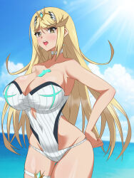 1girl blonde_hair blue_sky breasts circlet cleavage cloud cloudy_sky core_crystal_(xenoblade) covered_navel earrings hata_(pixiv10403940) highres jewelry large_breasts long_hair looking_at_viewer mythra_(radiant_beach)_(xenoblade) mythra_(xenoblade) one-piece_swimsuit open_mouth outdoors sky solo strapless strapless_one-piece_swimsuit summer swept_bangs swimsuit thigh_strap very_long_hair white_one-piece_swimsuit xenoblade_chronicles_(series) xenoblade_chronicles_2 yellow_eyes