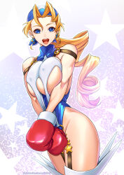 Rule 34 | 1girl, :d, bandana, blonde hair, blue bandana, blue eyes, blue leotard, boxing gloves, breasts, breasts squeezed together, buckle, covered erect nipples, cowboy shot, curly hair, earrings, gloves, highres, jewelry, justice gakuen, large breasts, legs together, leotard, long hair, looking at viewer, o-ring, open mouth, parted bangs, purple background, red gloves, seed01010, shiny skin, smile, solo, standing, star (symbol), star symbol background, thighhighs, thighs, tiffany lords, underboob, white thighhighs