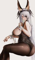 Rule 34 | 1girl, animal ear hairband, animal ears, artist name, ass, azur lane, black leotard, black pantyhose, breasts, eyepatch, fake animal ears, fritz rumey (azur lane), fritz rumey (schwarzes kaninchen) (azur lane), hairband, highres, kainines, large breasts, leotard, looking at viewer, official alternate costume, pantyhose, playboy bunny, rabbit ear hairband, rabbit ears, red eyes, sideboob, simple background, smile, solo, thigh strap, white background, white wrist cuffs, wrist cuffs