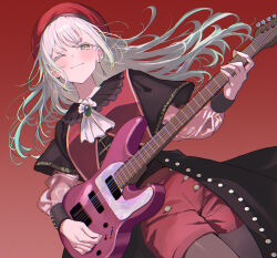 1girl absurdres bang_dream! bang_dream!_it&#039;s_mygo!!!!! beret cowboy_shot earrings floating_hair green_hair guitar hat highres instrument jewelry looking_ahead mortis_(bang_dream!) mortis_(costume)_(bang_dream!) mortis_(persona)_(bang_dream!) music one_eye_closed playing_guitar playing_instrument red_hat red_shorts rehystudio shorts smile solo wakaba_mutsumi