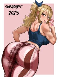 1girl absurdres artist_name ass backboob blonde_hair blue_ribbon blush breasts brown_eyes fairy_tail forbidden_pants from_behind hair_between_eyes hair_ribbon hand_tattoo highres huge_ass large_breasts looking_at_viewer lucy_heartfilia medium_hair meme_attire muscular muscular_female open_mouth pants pink_pants ribbon sinpadart smile solo tank_top tattoo tongue tongue_out