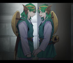 Rule 34 | 1boy, aqua tunic, belt, black border, blue eyes, blue gemstone, border, character ear piercing, commentary request, dragon quest, dragon quest iv, dual persona, earrings, fins, forehead protector, fukusuu (zeonms 06s), gem, green hair, head fins, hero (dq4), jewelry, letterboxed, male focus, medium hair, open mouth, pants, partial commentary, profile, shield, shield on back, shirt, slime (dragon quest), smile, sword, sword on back, tunic, weapon, weapon on back, white pants, white shirt
