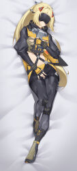 1girl abs absurdres blonde_hair dakimakura_(medium) eye_mask hair_intakes highres light_smile long_hair looking_at_viewer lying midriff navel on_back ponytail shixi solo thigh_gap toned trigger_(zenless_zone_zero) zenless_zone_zero