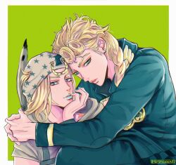 Rule 34 | 2boys, artist name, bandana, black jacket, blonde hair, blue eyes, blue lips, blue nails, border, braid, braided ponytail, commentary, earrings, english commentary, freckles, giorno giovanna, green background, green eyes, henoopd, highres, horseshoe ornament, hug, jacket, jewelry, johnny joestar, jojo no kimyou na bouken, long hair, long sleeves, looking at viewer, male focus, medium hair, multiple boys, parted lips, shirt, short sleeves, smile, steel ball run, stud earrings, upper body, vento aureo, white bandana, white border, white shirt