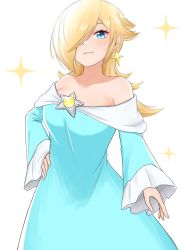 Rule 34 | 1girl, bare shoulders, blonde hair, blue eyes, closed mouth, earrings, hair over one eye, highres, jewelry, long sleeves, looking at viewer, mario (series), medium hair, nintendo, off shoulder, rosalina, simple background, smile, solo, star (symbol), star earrings, super mario galaxy, tomatomiya, upper body, white background
