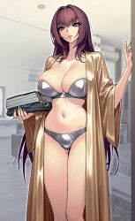 1girl absurdres alternate_costume bra breasts cleavage dynamitenatalia fate/grand_order fate_(series) highres holding indoors large_breasts long_hair long_sleeves looking_at_viewer navel open_clothes panties parted_lips purple_hair red_eyes scathach_(fate) solo standing stomach thighs underwear wide_sleeves