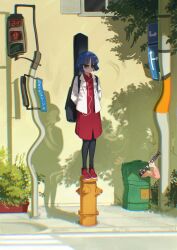 2girls absurdres asymmetrical_bangs asymmetrical_hair aviator_sunglasses black_pantyhose blue_hair bocchi_the_rock! bush chromatic_aberration crosswalk crosswalk_sign distortion earbuds earphones fire_hydrant full_body gotoh_hitori hands_in_pockets hiding highres image_warping in_container in_trash_can instrument instrument_case instrument_on_back jacket jl_tan lamppost looking_at_another multiple_girls music official_alternate_costume outdoors pantyhose playing_guitar playing_instrument red_shirt red_shoes red_skirt road shadow shirt shoes short_hair skirt sneakers standing_on_object street sunglasses surreal trash_can white_jacket yamada_ryo