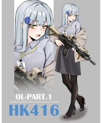 1girl absurdres alternate_costume assault_rifle black_pantyhose black_shoes blue_hair blue_nails breasts brown_jacket character_name commentary cross_hair_ornament english_commentary english_text girls&#039;_frontline green_eyes grey_background grey_shirt grey_skirt gun h&amp;k_hk416 hair_ornament high_heels highres hk416_(girls&#039;_frontline) hk416_(mod3)_(girls&#039;_frontline) holding holding_gun holding_weapon id_card jacket jian_(ntd_ak12) laser_sight long_hair off_shoulder office_lady open_mouth pantyhose rail_(weapon) reflex_sight rifle shirt shoes simple_background skirt solo striped_clothes striped_shirt tattoo teardrop_facial_mark teardrop_tattoo teeth trigger_discipline two-tone_background upper_teeth_only vertical-striped_clothes vertical-striped_shirt weapon weapon_name white_background window_magazine zoom_layer