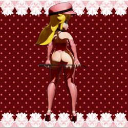 1girl 3d ass back bare_shoulders black_choker blonde_hair blue_eyes choker closed_mouth corset earrings elbow_gloves eyelashes female_focus fingerless_gloves fingernails from_behind full_body gloves grey_nails hat high_heels highres hip_focus holding huge_ass jewelry jpeg_artifacts lips long_hair looking_back mario_(series) nail_polish nintendo pink_footwear pink_gloves pink_hat pink_lips princess_peach pussy red_background riding_crop solo standing stiletto_heels super_mario_bros._1 thepoxygon thighhighs