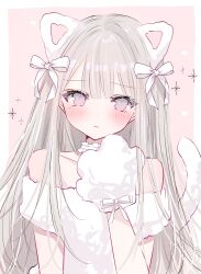 1girl :&lt; absurdres animal_ears animal_hands bare_shoulders blush border bow cat_ears cat_paws cat_tail closed_mouth collarbone fake_animal_ears gloves grey_eyes grey_hair hair_bow hair_ribbon hand_up heart highres long_hair looking_at_viewer mole mole_under_eye off-shoulder_shirt off_shoulder original paw_gloves pink_background purple_eyes ribbon shirt simple_background solo sparkle tail two-tone_background upper_body very_long_hair white_border white_bow white_shirt yuyu_(shitake110)