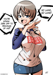 1girl blue_eyes blue_sleeves breasts denim denim_skirt english_text fang grey_hair hair_between_eyes highres kukuruyo large_breasts looking_at_viewer open_mouth print_shirt raglan_sleeves shirt short_hair simple_background skin_fang skirt smile smug solo sugoi_dekai uzaki-chan_wa_asobitai! uzaki_hana watermark web_address white_background white_shirt