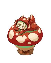 1girl animal_costume blush closed_eyes cosplay dragon_costume dungeon_meshi falin_touden from_above full_body grey_hair index_finger_raised lying mushroom on_head on_stomach outstretched_arms red_dragon_(dungeon_meshi) red_dragon_(dungeon_meshi)_(cosplay) red_theme short_hair simple_background solo_focus tri_angle7 walking_mushroom_(dungeon_meshi) white_background