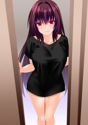 1girl black_shirt blush breasts collarbone engo_(aquawatery) fate/grand_order fate_(series) highres large_breasts long_hair looking_at_viewer purple_hair red_eyes scathach_(fate) shirt short_sleeves smile solo thighs