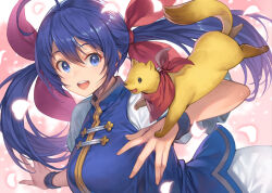1girl ahoge blue_eyes blue_hair breasts chinese_clothes falling_petals fatal_fury ferret futaba_hotaru garou:_mark_of_the_wolves hagure_keg hair_between_eyes hair_ribbon itokatsu_(garou) long_hair looking_at_animal low_twintails medium_breasts neckerchief open_mouth petals puffy_short_sleeves puffy_sleeves red_neckerchief red_ribbon ribbon short_sleeves smile teeth twintails upper_body upper_teeth_only wristband yellow_fur