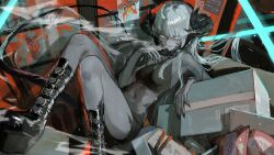 1girl absurdres black_boots boots breasts character_request cigarette colored_skin commentary copyright_request fang fingernails grey_hair grey_skin highres holding holding_cigarette horns looking_at_viewer lying navel on_back sharp_fingernails shikina_(mochigushi_) shorts smoke smoking solo symbol-only_commentary tail