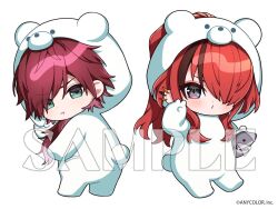 1boy 1girl :t animal_costume animal_ears animal_hood bear_costume bear_ears bear_hood bear_tail brown_eyes brown_hair chibi closed_mouth commentary_request fake_animal_ears fake_tail green_eyes hair_over_one_eye hood hood_up lain_paterson lauren_iroas long_hair multicolored_hair nijisanji official_art pout red_hair sample_watermark simple_background streaked_hair stuffed_animal stuffed_shark stuffed_toy tail very_long_hair virtual_youtuber watermark white_background yamabukiiro