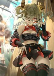 Rule 34 | 1girl, absurdres, black jacket, black skirt, blonde hair, blue sky, blush, breasts, burnice white, cleavage, cowboy shot, day, eyewear on head, fingernails, highres, jacket, jelmul, large breasts, long hair, looking at viewer, one eye closed, outdoors, red-tinted eyewear, sitting, skirt, sky, solo, sunglasses, teeth, tinted eyewear, zenless zone zero
